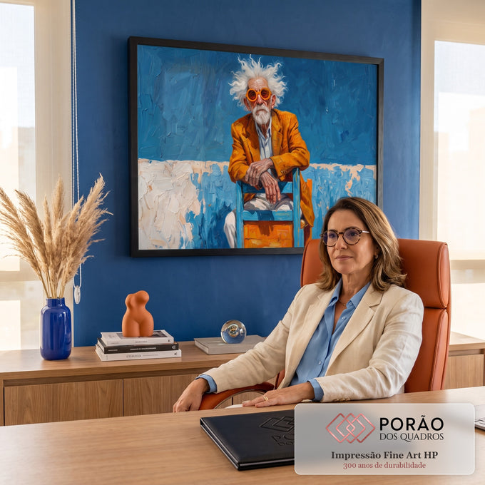Senhor de cabelo branco, óculos e paletó laranja sentado em cadeira azul, pintura a óleo, quadro decorativo