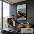 Porsche Targa preto aberto com bancos caramelo diante do skyline de Nova York, quadro decorativo