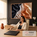 Quadro Decorativo Grande Tecido Ondulado para Sala Preto | quadros decorativos para sala | dobras de tecido ondulado em preto, branco e laranja com reflexos de luz | em Quadros para Sala | Porao dos Quadros