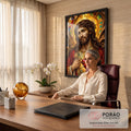 Quadro Decorativo Grande Sagrado Coração Vitral para Sala | quadros decorativos | Jesus com coroa de espinhos segurando o Sagrado Coração em chamas sobre fundo de vitral dourado | em ambiente 2 | Porao dos Quadros