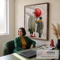 Olho gigante vermelho sobre figura sem cabeça de sobretudo e mulher em pied-de-poule, quadro decorativo