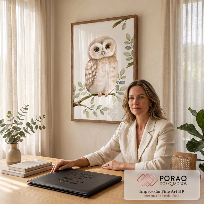 Corujinha marrom em aquarela pousada em galho com folhas verde-sálvia sobre fundo creme, quadro decorativo