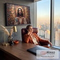 Jesus Cristo de olhos fechados e mãos abertas em mosaico de madeira colorido com halo, quadro decorativo