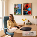 Quadro Decorativo Kit 2 Telas Café à Beira-Mar para Sala | quadros decorativos | café à beira-mar com homem e cão, xícara azul de café e papoulas vermelhas | em ambiente 2 | Porao dos Quadros