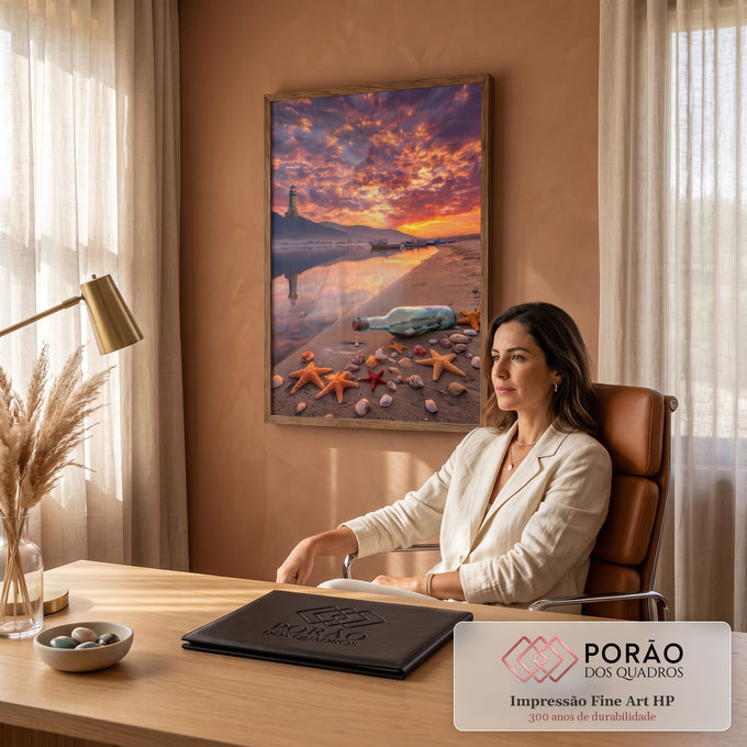 Praia ao pôr do sol com farol, barcos, garrafa e estrelas-do-mar na areia, quadro decorativo