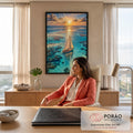 Veleiro em águas turquesa com recifes de coral e pôr do sol dourado, vista aérea, quadro decorativo