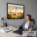 Quadro Decorativo Grande Figura em Túnica para Sala Branco | quadros decorativos | figura de túnica branca de costas em campo florido colorido com colinas ao fundo | em ambiente 2 | Porao dos Quadros