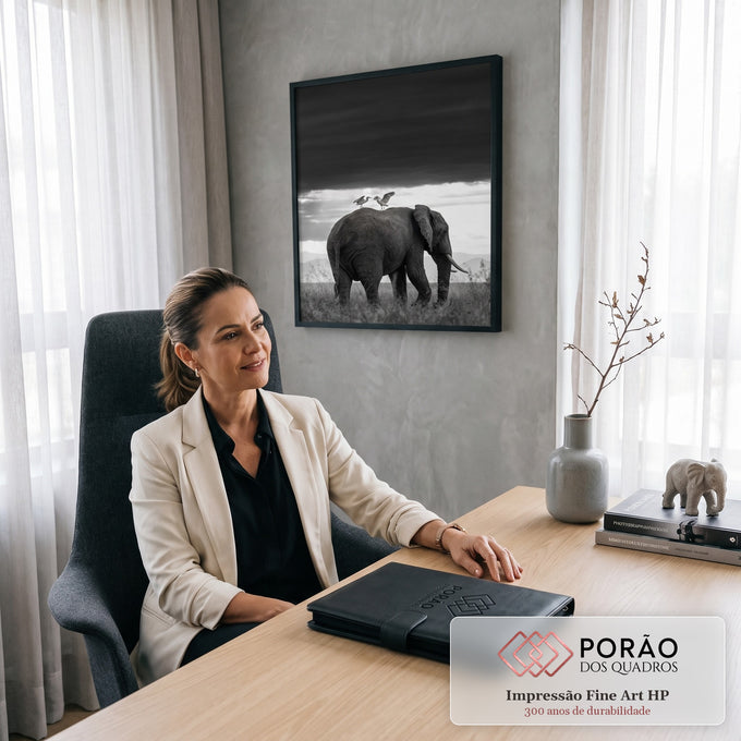Elefante com duas garças no dorso sob céu escuro e raios de luz em preto e branco, quadro decorativo