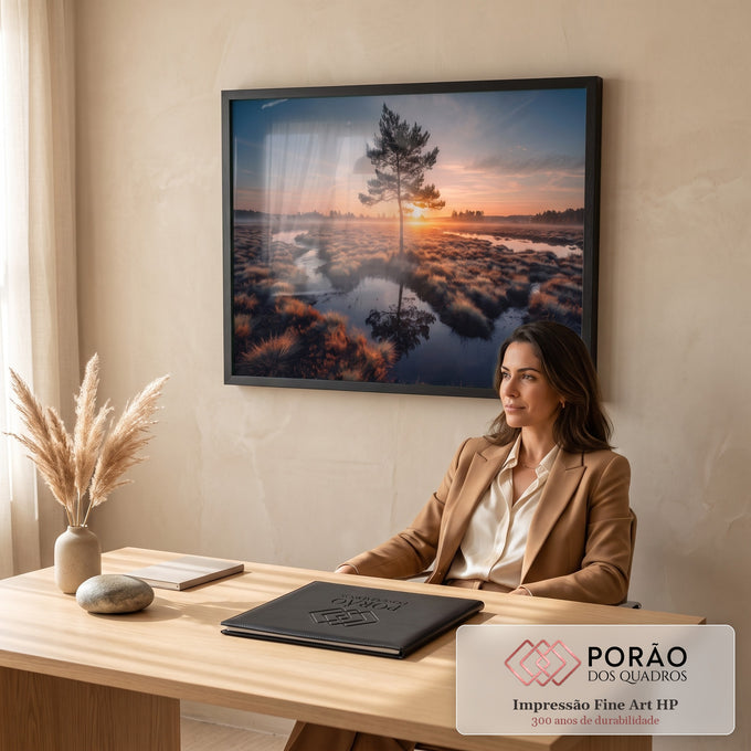 Quadro Decorativo Grande Pinheiro Solitário para Sala | quadros decorativos | pinheiro solitário refletido em riacho ao nascer do sol em pântano com névoa | em ambiente 2 | Porao dos Quadros