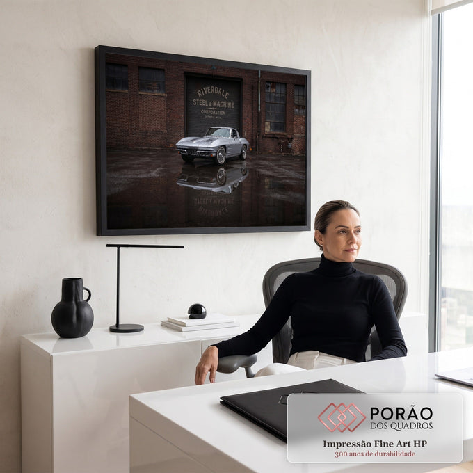 Carro clássico prata refletido no asfalto molhado diante de fábrica de tijolos em Detroit, quadro decorativo