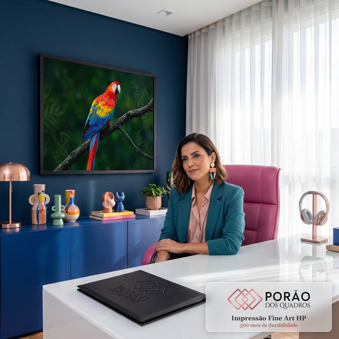 Arara vermelha com asas azuis e amarelas pousada em galho, fundo de floresta verde, quadro decorativo