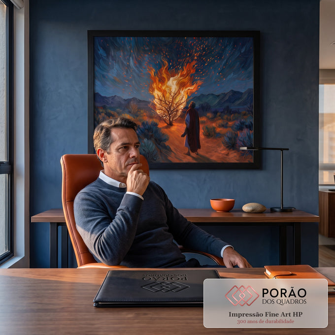 Quadro Decorativo Grande Sarça Ardente para Sala Azul | quadros decorativos | homem de manto observa arbusto em chamas sob céu noturno azul em espirais | em ambiente 2 | Porao dos Quadros