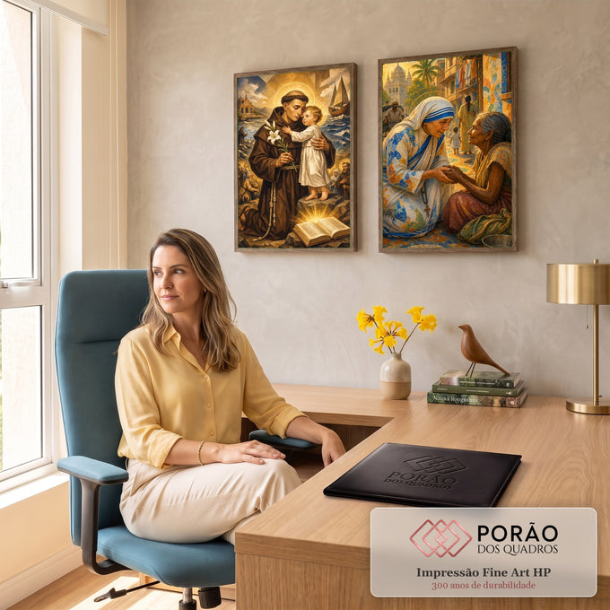 Quadro Decorativo Kit 2 Telas Santo Antônio para Sala Azul | quadros decorativos | Santo Antônio com o Menino Jesus e Madre Teresa amparando uma idosa em rua colorida | em ambiente 2 | Porao dos Quadros
