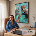 Sete cavalos no mar turquesa vistos de cima, com cabrestos coloridos, quadro decorativo