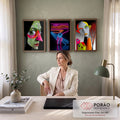 Quadro Decorativo Kit 3 Telas Rostos Surreais Neon para Sala | quadros decorativos | rosto verde surreal, figura em neon gritando e cabeça pop art colorida em três painéis | em ambiente 2 | Porao dos Quadros