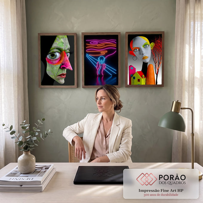 Quadro Decorativo Kit 3 Telas Rostos Surreais Neon para Sala | quadros decorativos | rosto verde surreal, figura em neon gritando e cabeça pop art colorida em três painéis | em ambiente 2 | Porao dos Quadros