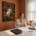 Quadro Decorativo Astronauta Deitado em Campo de Flores | quadros decorativos | astronauta de traje branco deitado em campo de flores laranja vibrantes | em Quadros para Escritorio | Porao dos Quadros