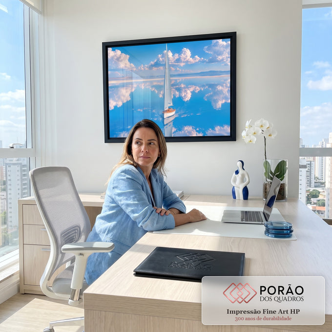 Quadro Decorativo Grande Veleiro Mar Espelhado para Sala | quadros decorativos | veleiro branco navegando em água espelhada sob céu com nuvens volumosas | em ambiente 2 | Porao dos Quadros