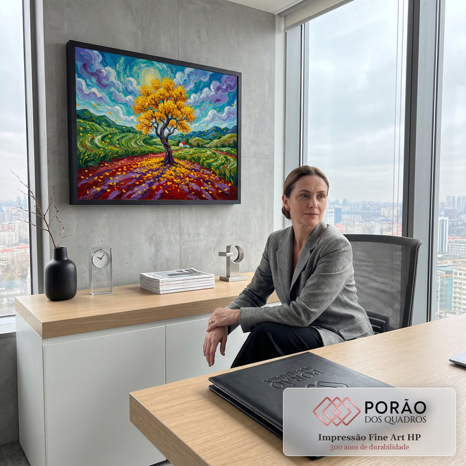 Quadro Decorativo Grande Árvore Dourada para Sala Amarelo | quadros decorativos | árvore de folhas douradas sob céu azul e roxo em espiral, estilo impressionista | em ambiente 2 | Porao dos Quadros
