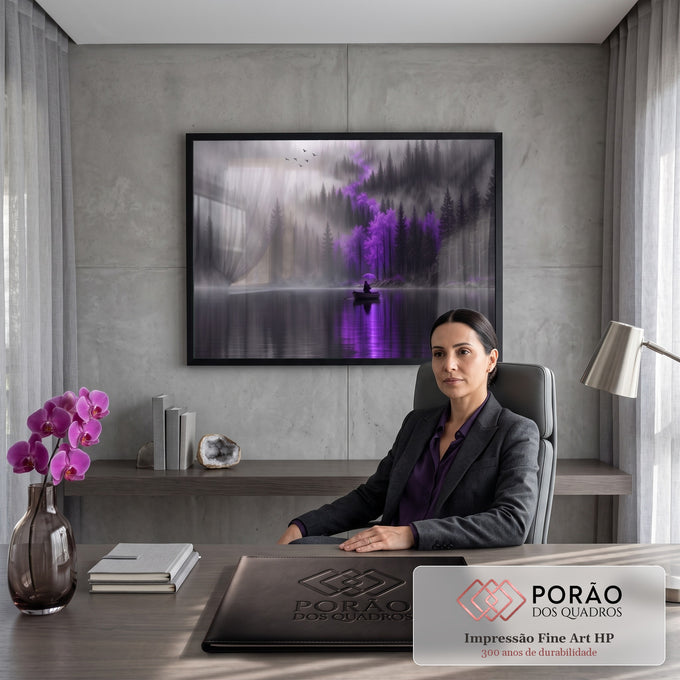 Quadro Decorativo Grande Floresta Enevoada para Sala Roxo | quadros decorativos | floresta enevoada com árvores roxas, lago refletindo e pessoa de guarda-chuva em barco | em ambiente 2 | Porao dos Quadros