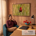 Pássaro vermelho com pintas brancas pousado em capim dourado sobre fundo verde desfocado, quadro decorativo