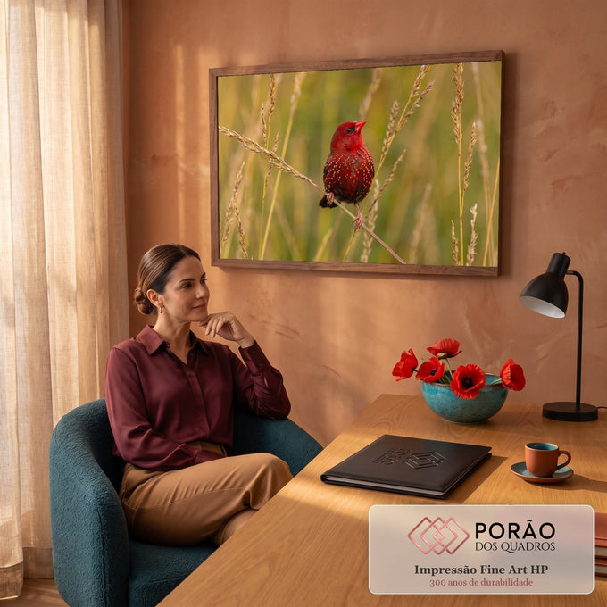 Pássaro vermelho com pintas brancas pousado em capim dourado sobre fundo verde desfocado, quadro decorativo