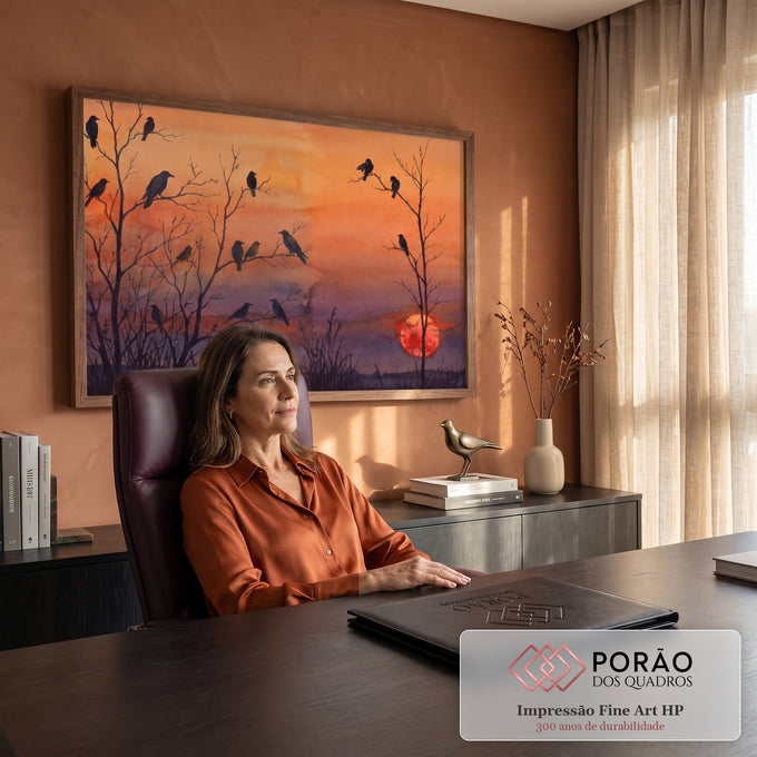 Quadro Decorativo Grande Corvos em Árvore para Sala Laranja | quadros decorativos | corvos em silhueta sobre árvores secas com céu laranja e roxo ao pôr do sol | em ambiente 2 | Porao dos Quadros