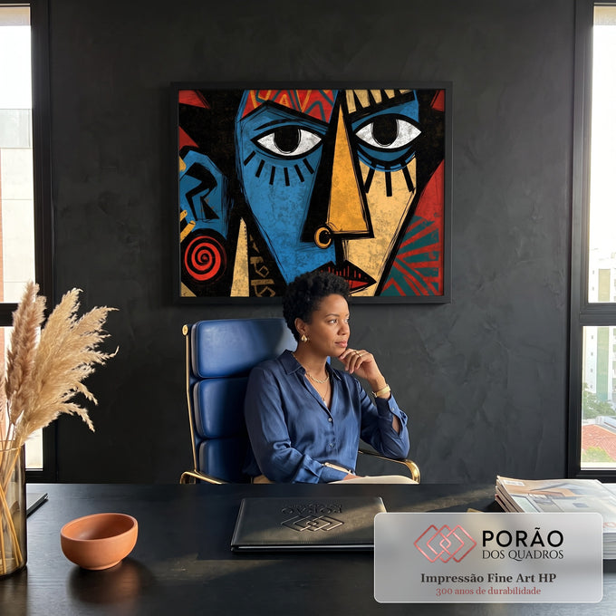 Quadro Decorativo Rosto Tribal Geométrico em Azul Vermelho | quadros decorativos | rosto estilizado geométrico em azul, vermelho e dourado com padrões tribais | em Quadros para Escritorio | Porao dos Quadros