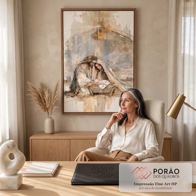 Quadro Decorativo Sagrada Família com Estrela de Belém | quadros decorativos | casal ajoelhado sobre manjedoura com bebê, estrela dourada ao fundo | em Quadros para Escritorio | Porao dos Quadros