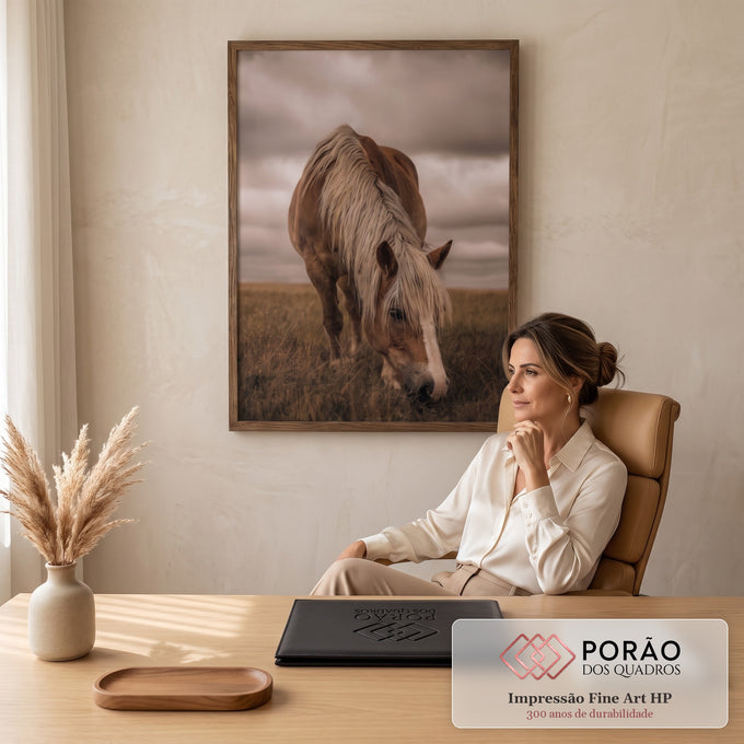 Quadro Decorativo Grande Cavalo Pastando para Sala Marrom | quadros decorativos para sala | cavalo castanho com crina clara pastando em campo sob céu nublado rosado | em Quadros para Sala | Porao dos Quadros
