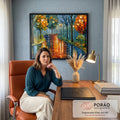 Quadro Decorativo Caminho de Outono com Reflexo no Lago | quadros decorativos | caminho sinuoso entre árvores de outono refletido em lago dourado ao entardecer | em Quadros para Escritorio | Porao dos Quadros