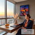 Quadro Decorativo Grande Árvore Silhueta para Sala Laranja | quadros decorativos | árvore em silhueta contra pôr do sol laranja e céu estrelado sobre o mar | em ambiente 2 | Porao dos Quadros