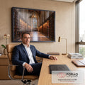 Biblioteca gótica com estantes de madeira, lanterna acesa e vitral em arco, quadro decorativo