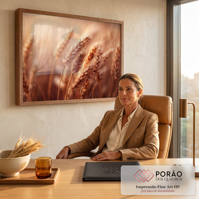 Quadro Decorativo Grande Espigas de Trigo Campo para Sala | quadros decorativos | espigas de trigo douradas em close com luz quente de pôr do sol ao fundo | em ambiente 2 | Porao dos Quadros