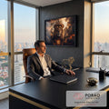 Leão de Judá com coroa dourada entre nuvens dramáticas e cruz iluminada, quadro decorativo