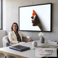 Quadro Decorativo Grande Perfil de Mulher para Sala Laranja | quadros decorativos | perfil feminino em sombra com borboleta laranja pousada no rosto sobre fundo branco | em ambiente 2 | Porao dos Quadros