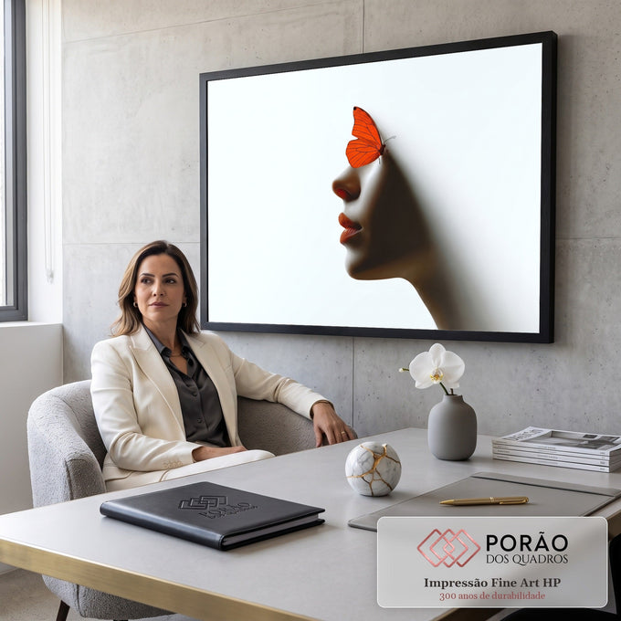 Quadro Decorativo Grande Perfil de Mulher para Sala Laranja | quadros decorativos | perfil feminino em sombra com borboleta laranja pousada no rosto sobre fundo branco | em ambiente 2 | Porao dos Quadros