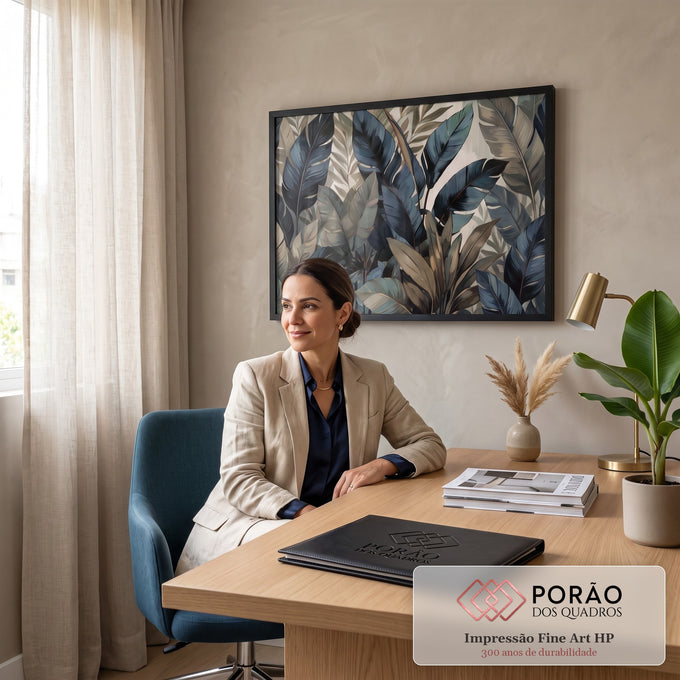 Quadro Decorativo Grande Folhagem Tropical Azul para Sala | quadros decorativos | folhas de bananeira em azul petróleo e bege sobrepostas em composição tropical | em ambiente 2 | Porao dos Quadros