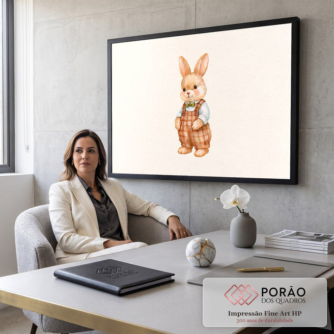 Quadro Decorativo Grande Coelhinho para Quarto de Bebê | quadros decorativos | coelho em aquarela com suspensório xadrez, camisa azul e gravata borboleta verde | em ambiente 2 | Porao dos Quadros