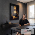 Mona Lisa clássica com véu em folhas de ouro craqueladas sobre fundo preto, quadro decorativo