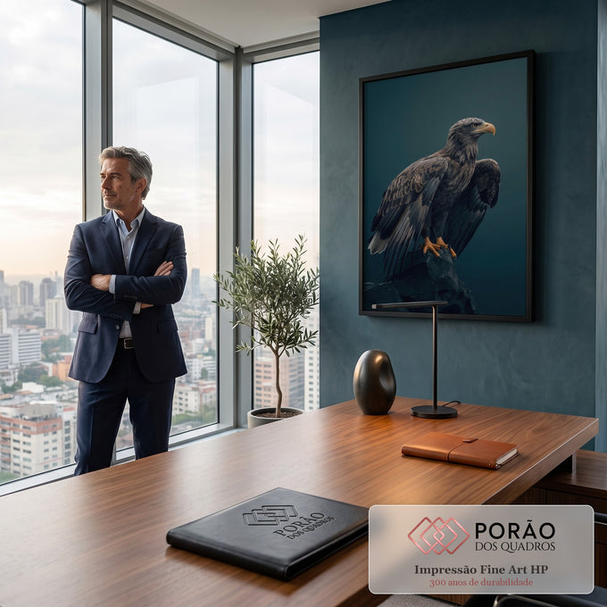 Águia marrom de asas semiabertas pousada em rocha escura sobre fundo azul petróleo, quadro decorativo