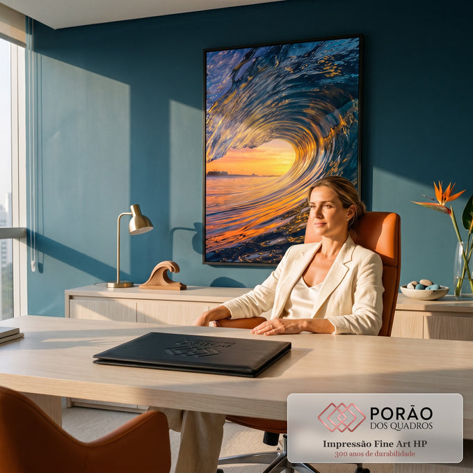 Onda do mar formando tubo com pôr do sol laranja e reflexos dourados na água, quadro decorativo