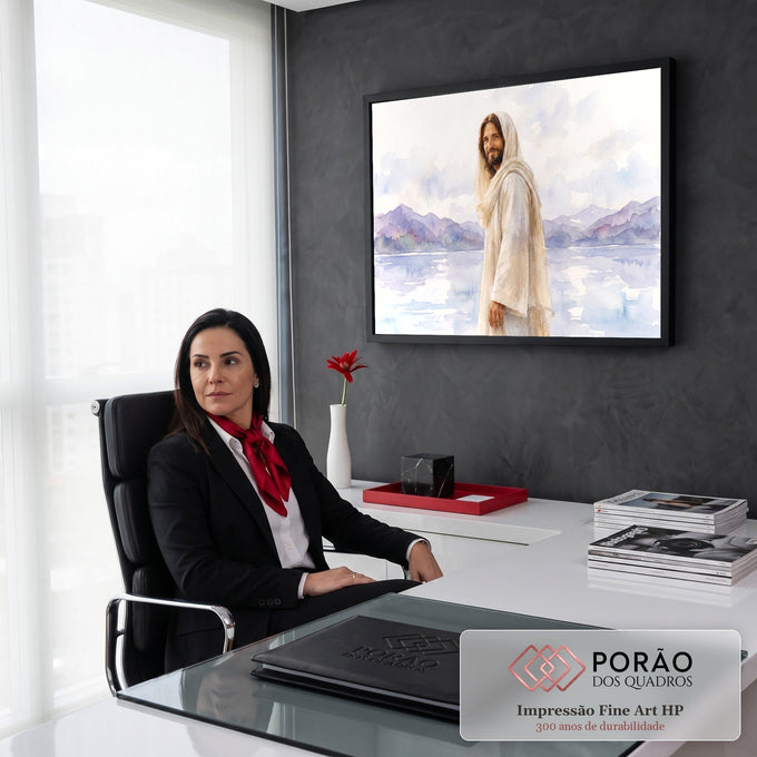 Jesus Cristo sorrindo de manto claro à beira de lago com montanhas lilás em aquarela, quadro decorativo