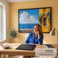 Quadro Decorativo Grande Casa Amarela para Sala Amarelo | quadros decorativos | casa amarela com flores, janela azul, gato dormindo e veleiros no mar | em ambiente 2 | Porao dos Quadros