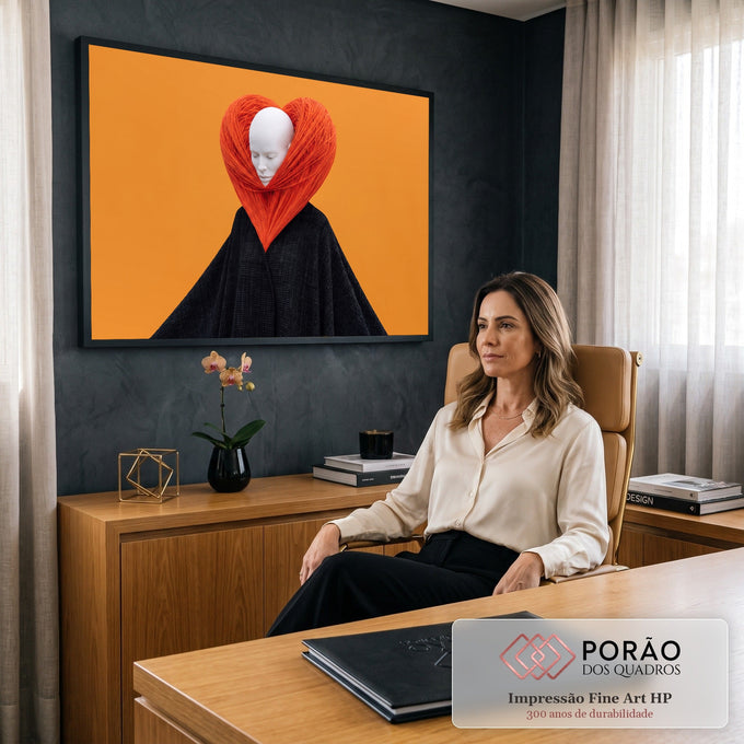 Rosto branco de olhos fechados dentro de coração de fios laranja, manto preto e fundo laranja, quadro decorativo
