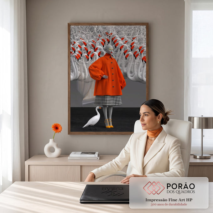 Mulher surreal de casaco laranja e saia xadrez entre cisnes brancos e galhos, quadro decorativo