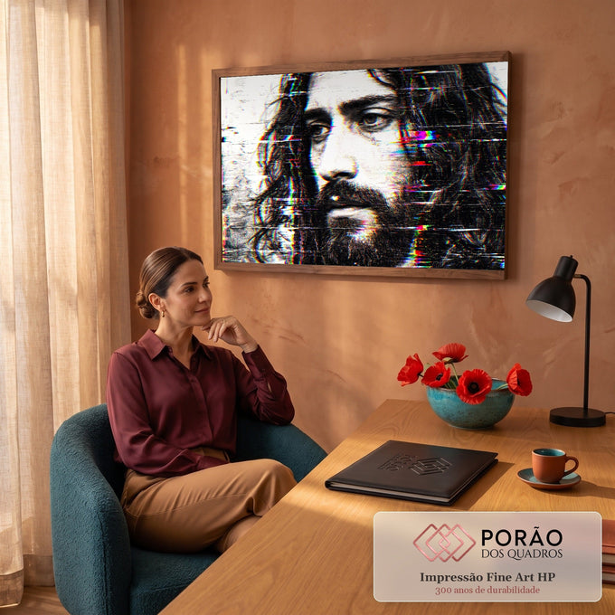 Quadro Decorativo Grande Retrato Masculino para Sala Preto | quadros decorativos | homem barbudo de cabelo longo em preto e branco com efeito glitch colorido | em ambiente 2 | Porao dos Quadros
