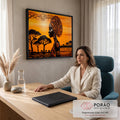 Mulher africana de perfil com turbante na savana com acácias ao pôr do sol laranja, quadro decorativo