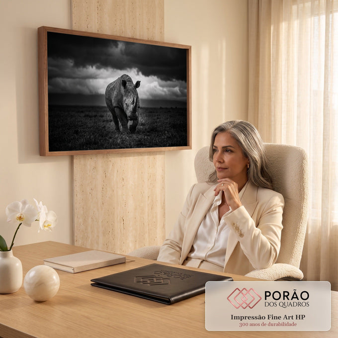Rinoceronte caminhando de frente na savana sob nuvens de tempestade em preto e branco, quadro decorativo