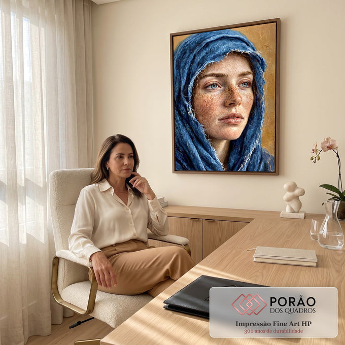 Quadro Decorativo Grande Retrato de Mulher para Sala Azul | quadros decorativos | retrato realista de mulher com véu azul desfiado e rosto sardento sobre fundo dourado | em ambiente 2 | Porao dos Quadros